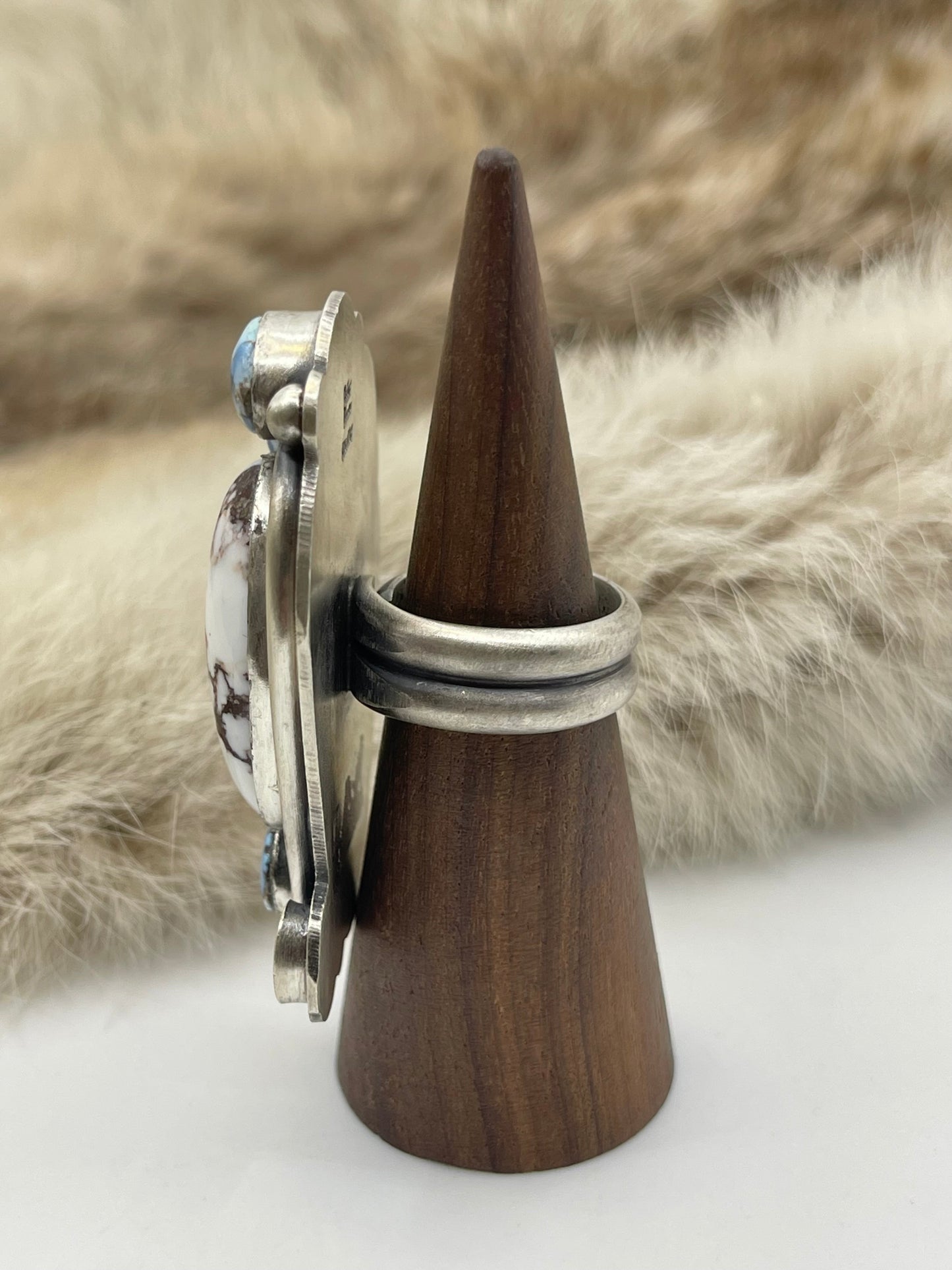 Adjustable (8.0-10.0) Golden Hills Turquoise & Wild Horse Heavy Silver Ring by Delbert Secatero, Navajo