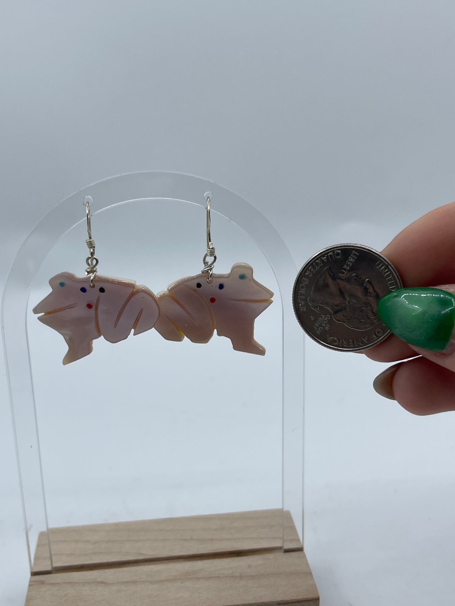 Carved Mother of Pearl Frog Dangle Earrings by Danny Lonjose, Zuni