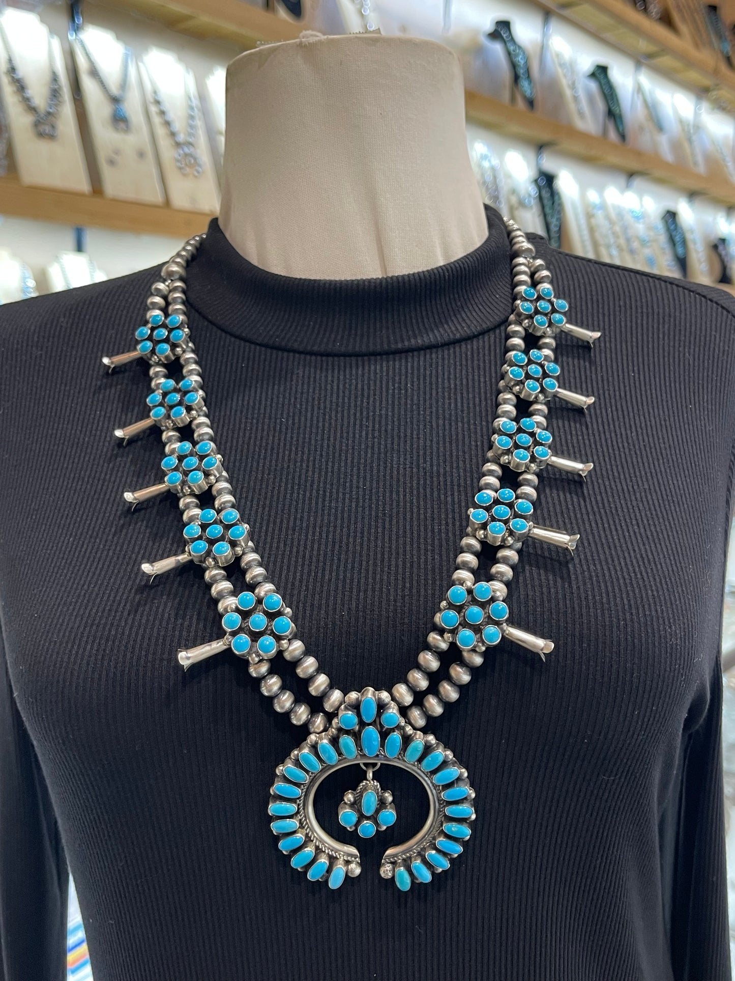 26" Blue Kingman Turquoise Squash Blossom & Earring Set by Kathlyn Yazzie, Navajo