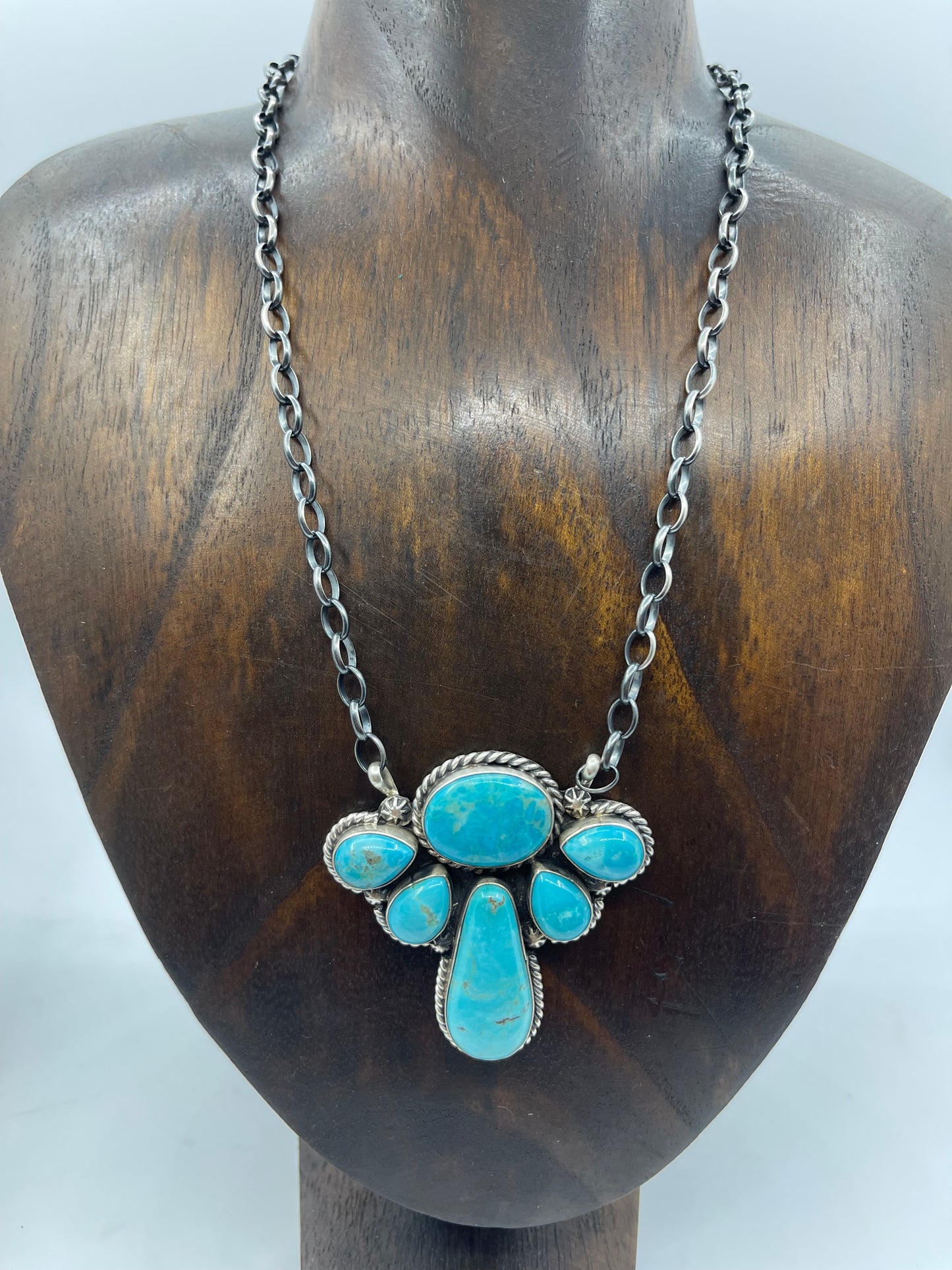 16" 6 Stone Kingman Turquoise Cluster Necklace by Elouise Kee, Navajo