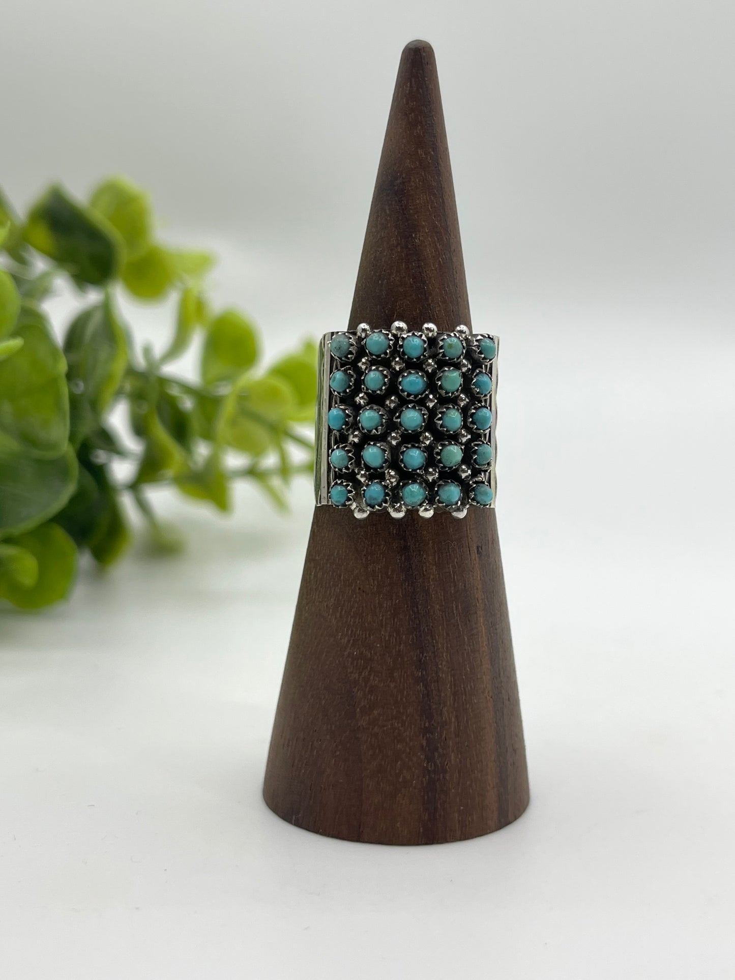 5 Row Turquoise Snake Eye Ring by Stephen Haloo, Zuni