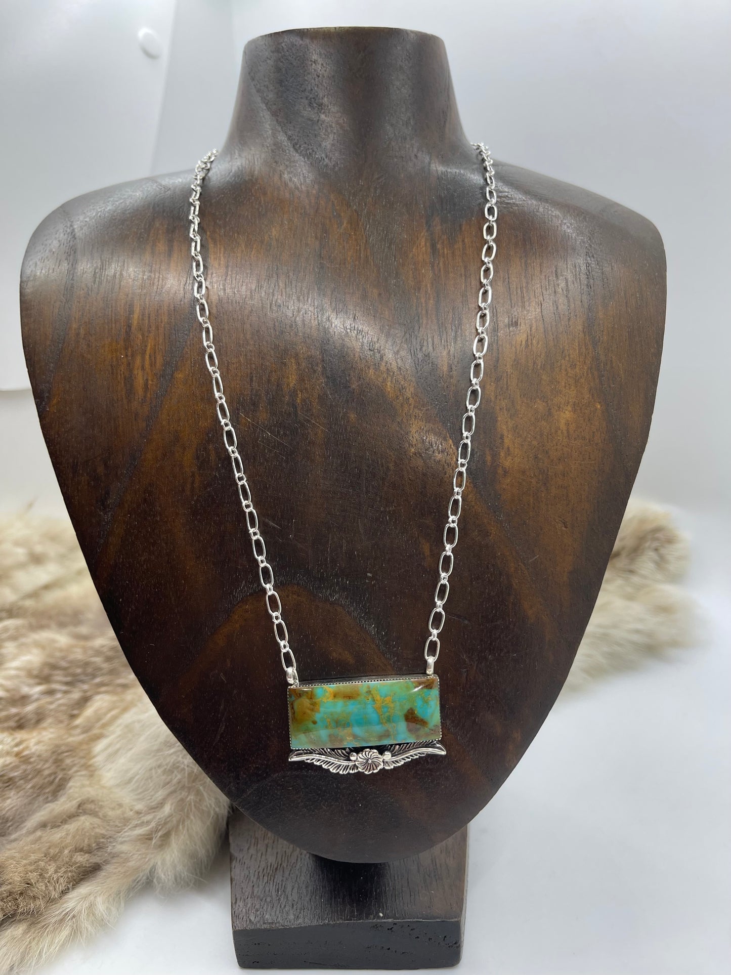 18" Royston Turquoise Bar with Flower & Feathers Necklace by Gregg Yazzie, Navajo