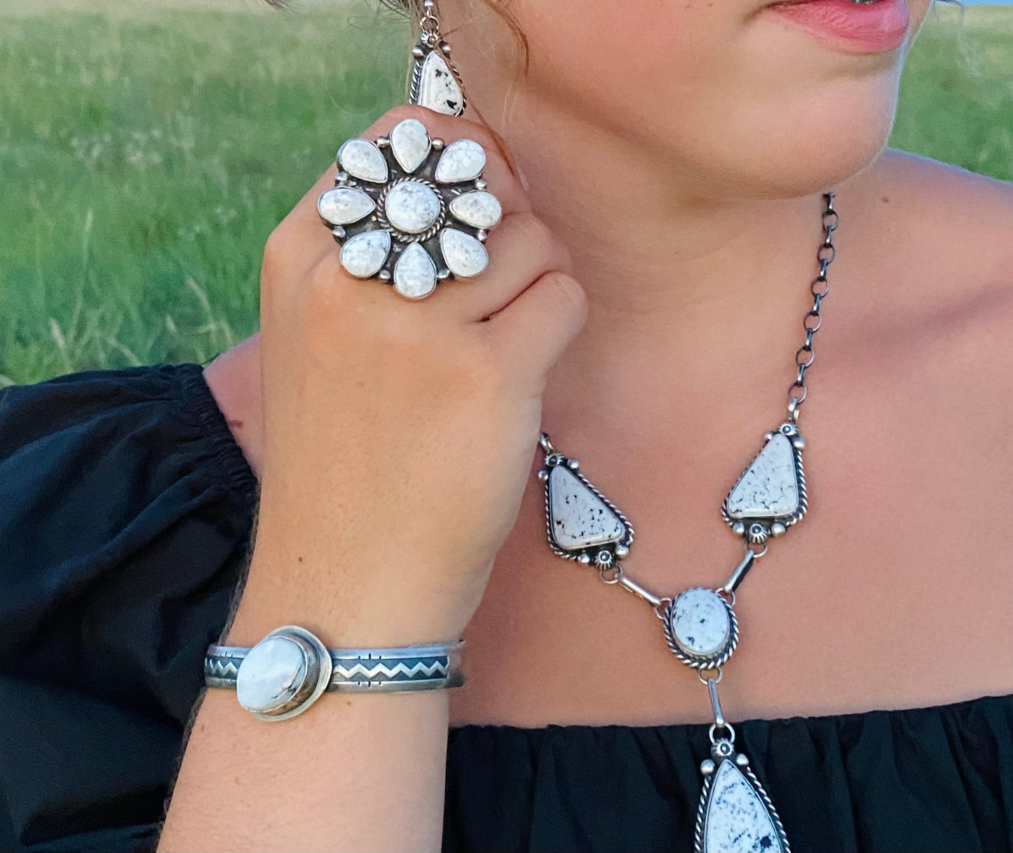 Adjustable 8-10 White Buffalo Cluster Ring