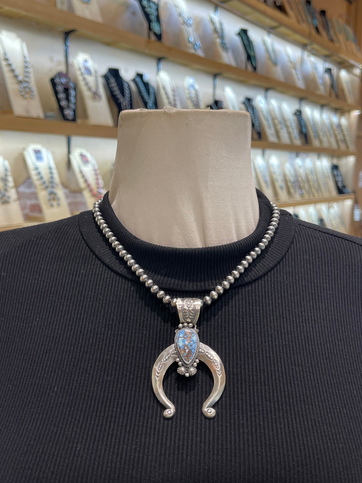 18" 6mm Golden Hills Turquoise Naja Necklace by Samuel Yellowhair, Navajo