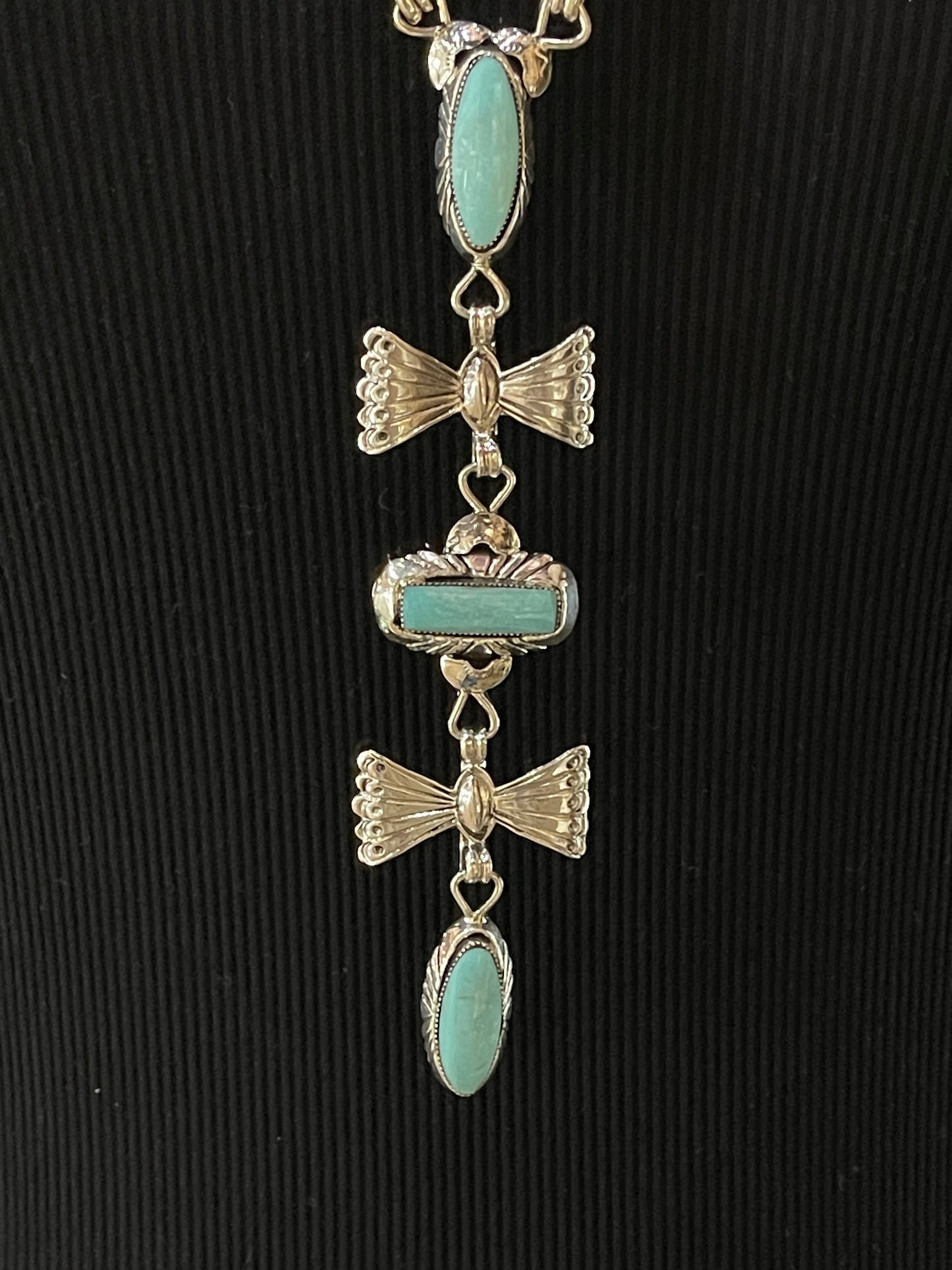 26"+5 1/2" Kingman Turquoise Lariat Bow Necklace by Emerson Delgarito, Navajo
