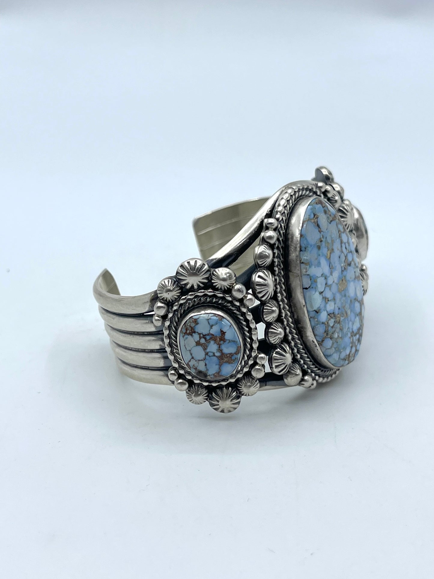 6.25" 3 Stone Golden Hills Turquoise Cuff by Tom Lewis, Navajo