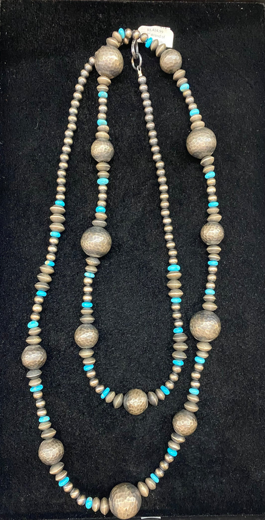 50" Strand of 6mm Handmade Navajo Pearls, Handmade Textured Sterling Silver Beads, Sleeping Beauty Turquoise Beads, 8mm and 10mm Navajo Saucers