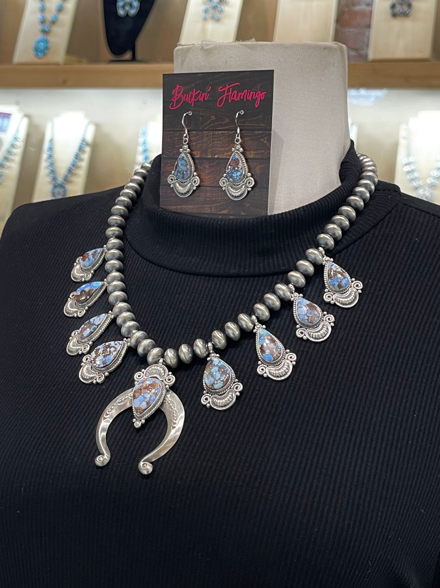 10mm Handmade Pearls Golden Hills Turquoise Squash Blossom Necklace & Earring Set by Derek Gordon, Navajo