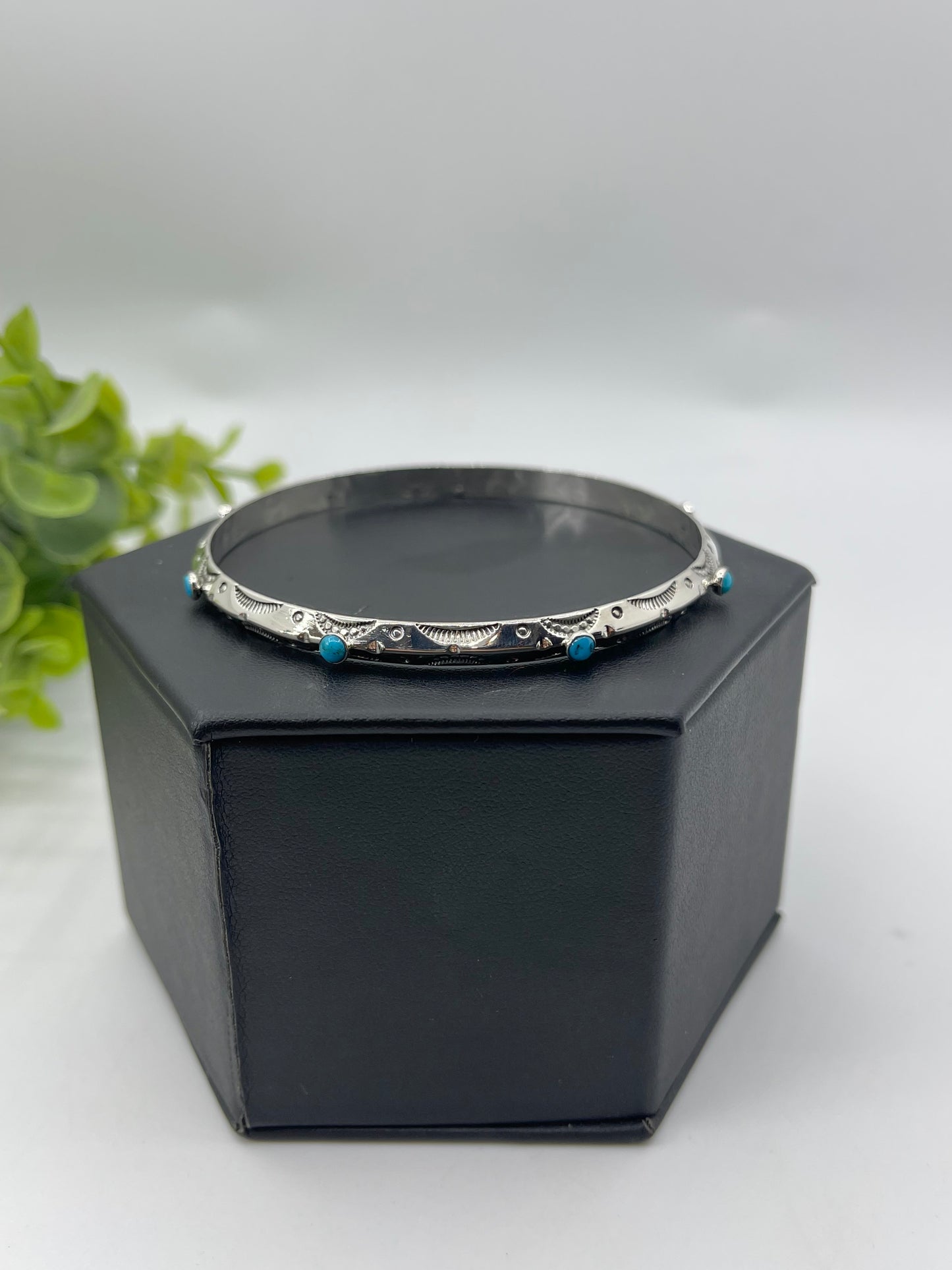 8" Stamped Triangle Wire Bandle with Turquoise by Phyllis A. Smith, Navajo