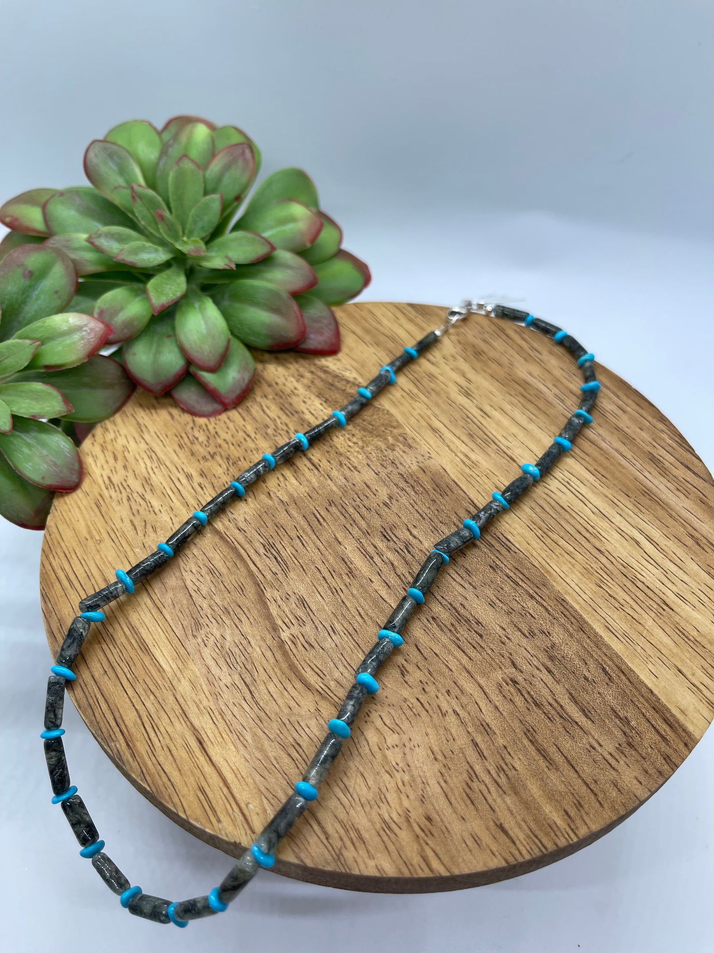 18" Smoky Quartz and Sleeping Beauty Turquoise Beaded Necklace, Navajo