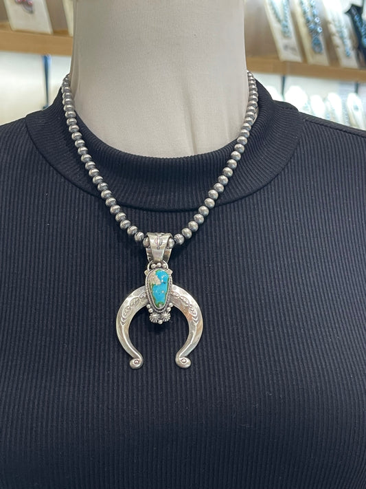18” 6mm Navajo Style Pearls Sonoran Gold Turquoise Naja Pendant by Samuel Yellowhorse, Navajo