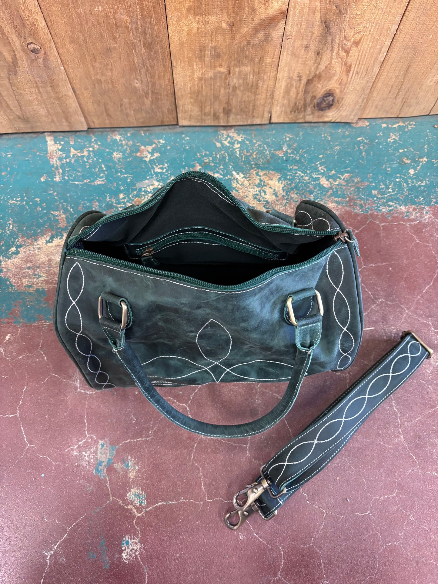 Green Leather Boot Stitch Overnight Speedy Bag Purse (Version 1)