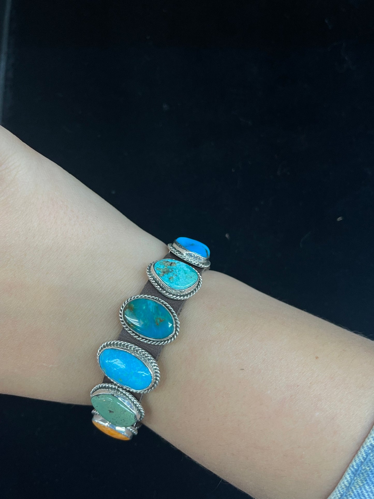 Turquoise and Spiny Oyster Leather Bracelet