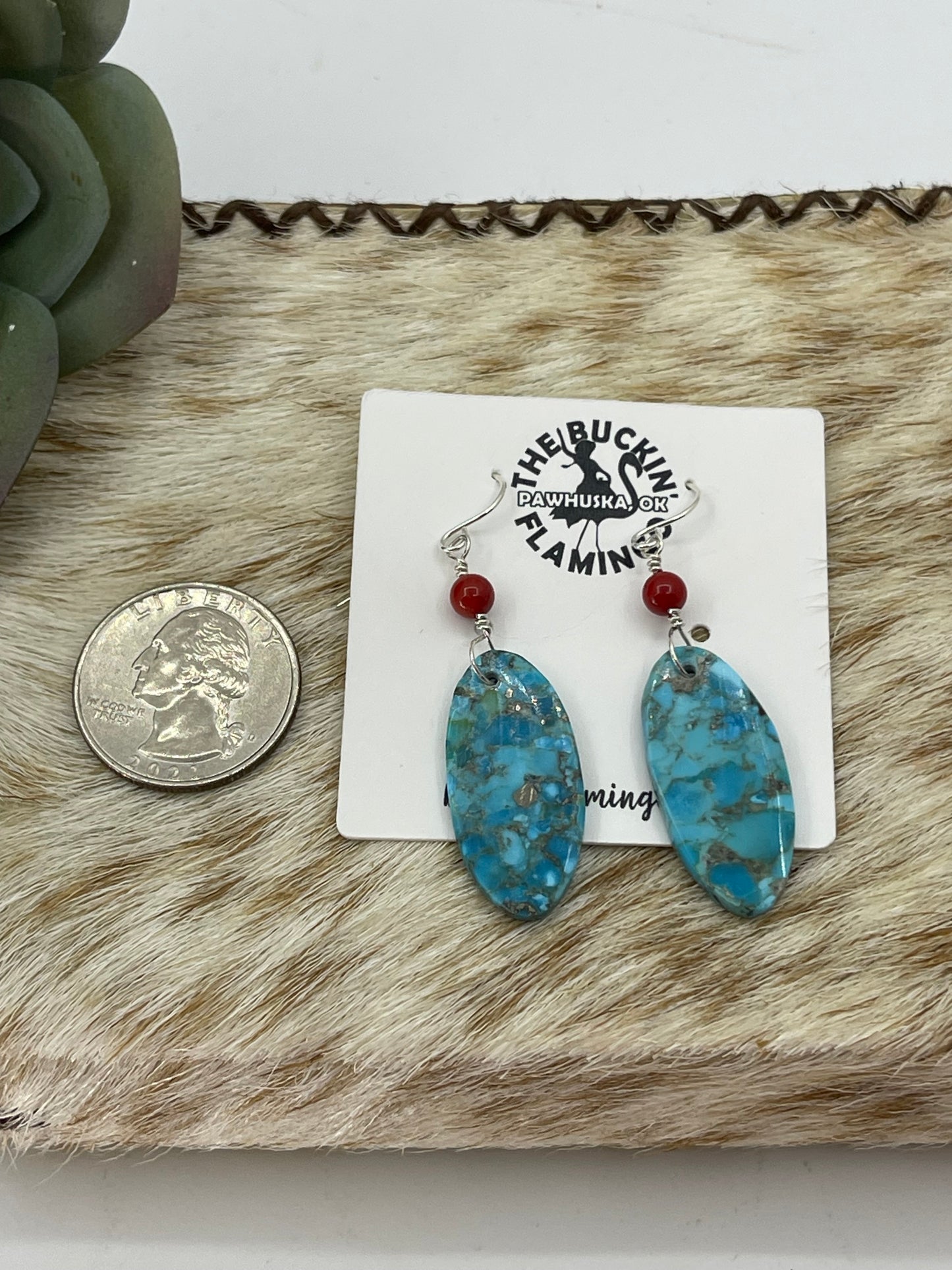 Turquoise and Red Coral Dangle Slab Earrings