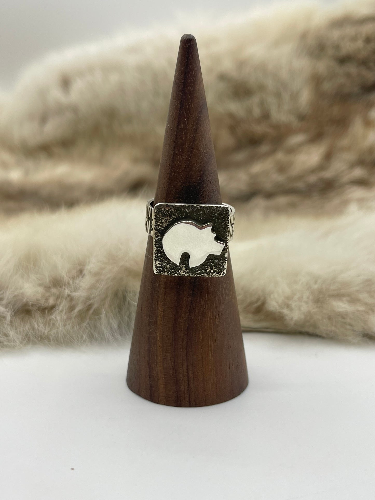 Adjustable 7.0-12.0 Bear Mini Petroglyph Ring by Alex Sanchez, Navajo