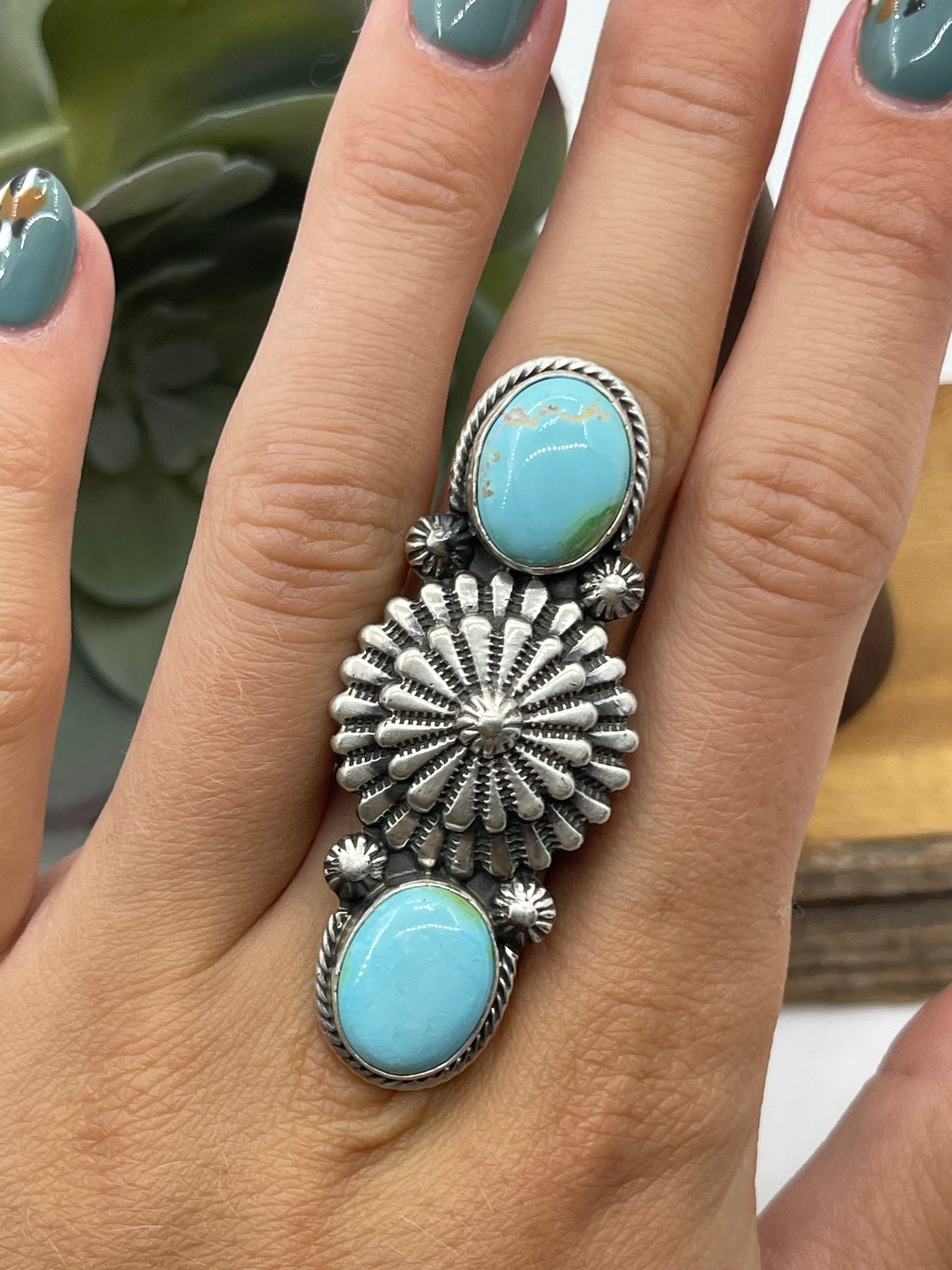 LOT 28 B 1/11 6.0 2 Stone Sonoran Gold Turquoise Ring by Samuel Yellowhair, Navajo