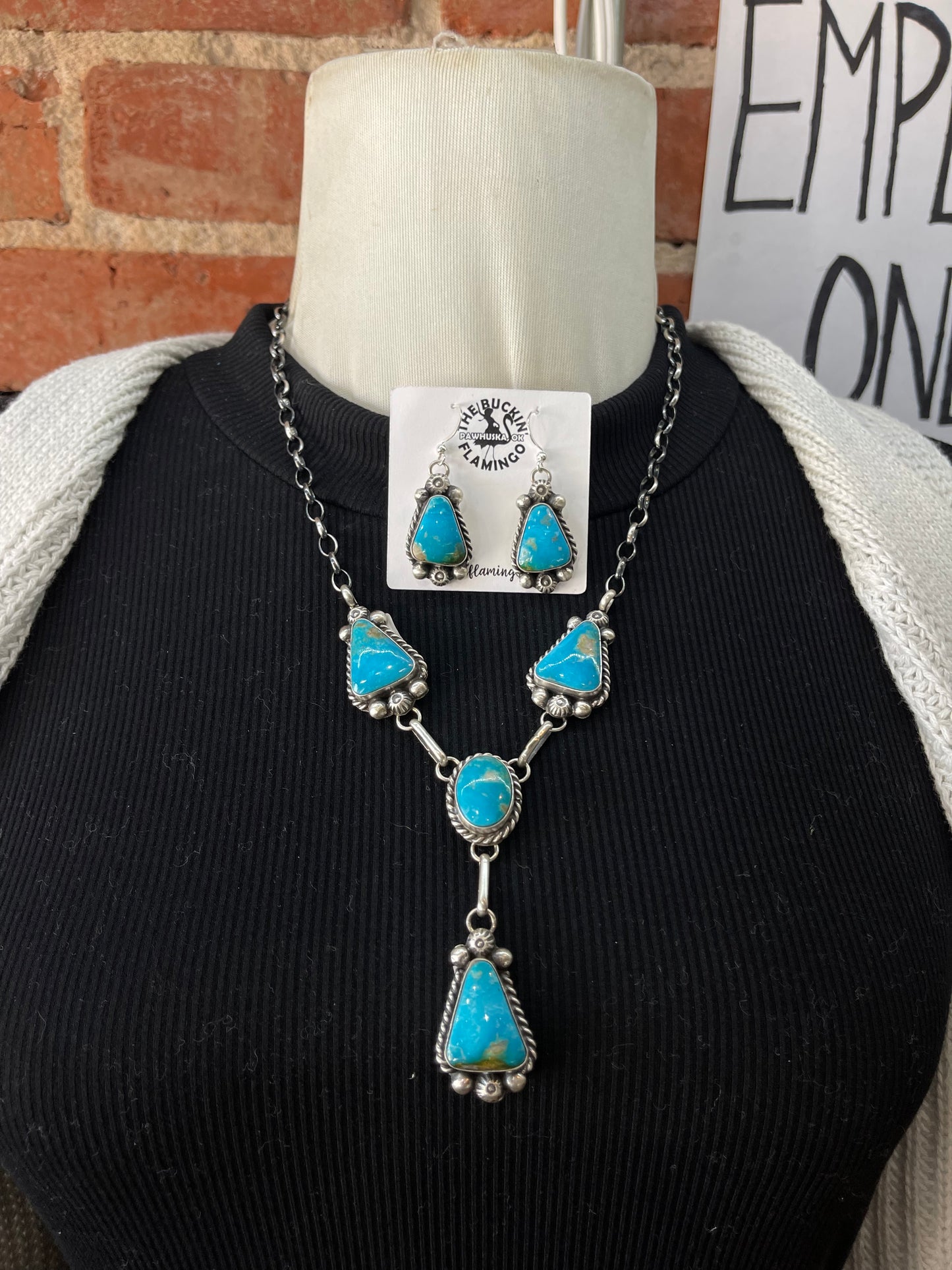 Blue Kingman Turquoise Lariat and Earring Set by Augustine Largo, Navajo