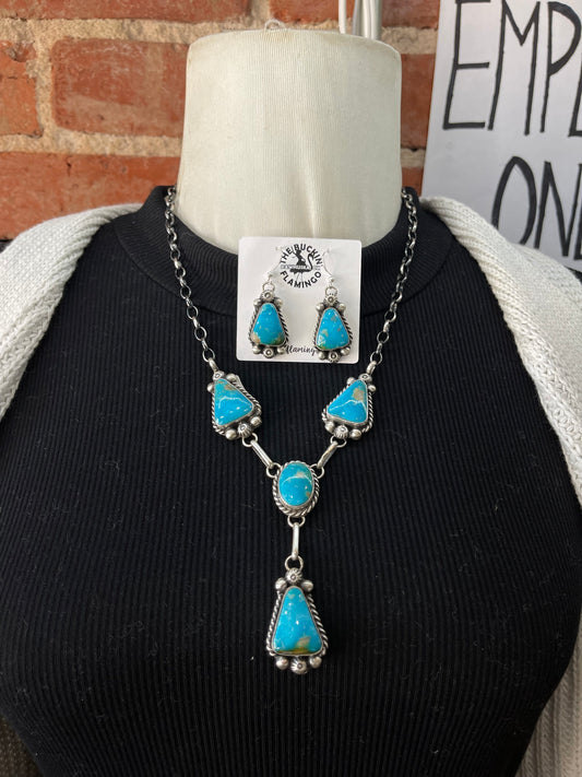 Blue Kingman Turquoise Lariat and Earring Set by Augustine Largo, Navajo
