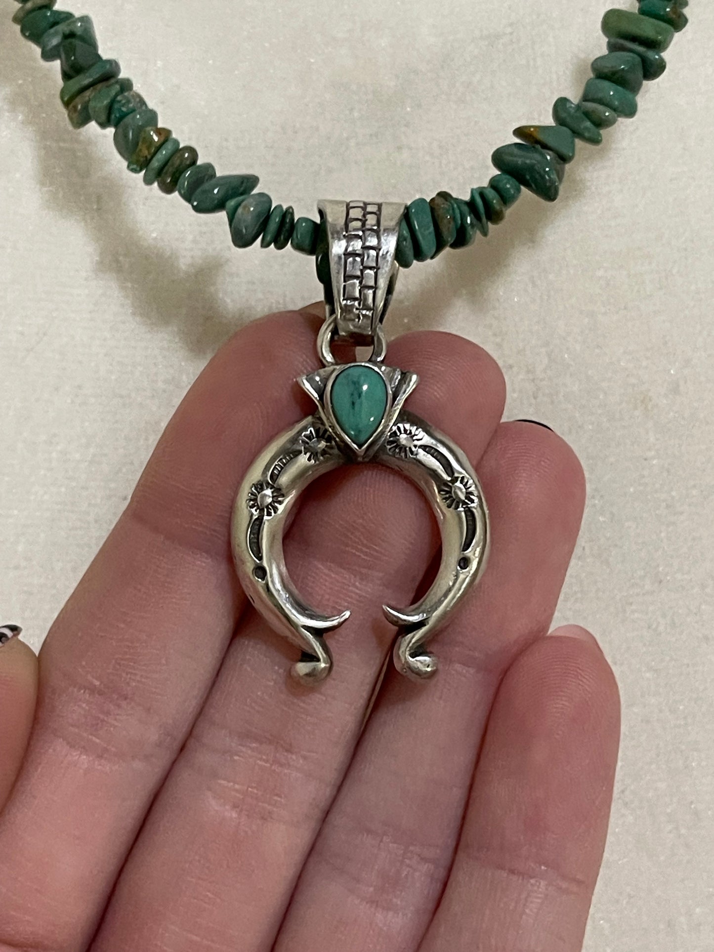 18" Turquoise Chunk Necklace with Naja Pendant by Adrienne Gordon, Navajo