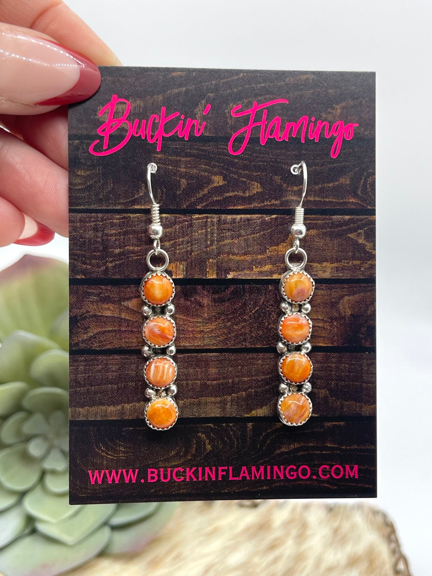 4 Stone Orange Spiny Oyster Shell Dangle Earrings by Maxine Ramirez, Navajo