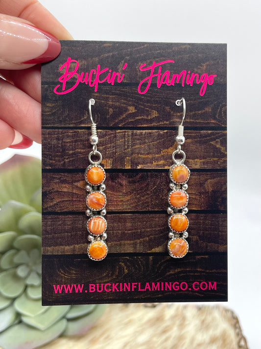 4 Stone Orange Spiny Oyster Shell Dangle Earrings by Maxine Ramirez, Navajo