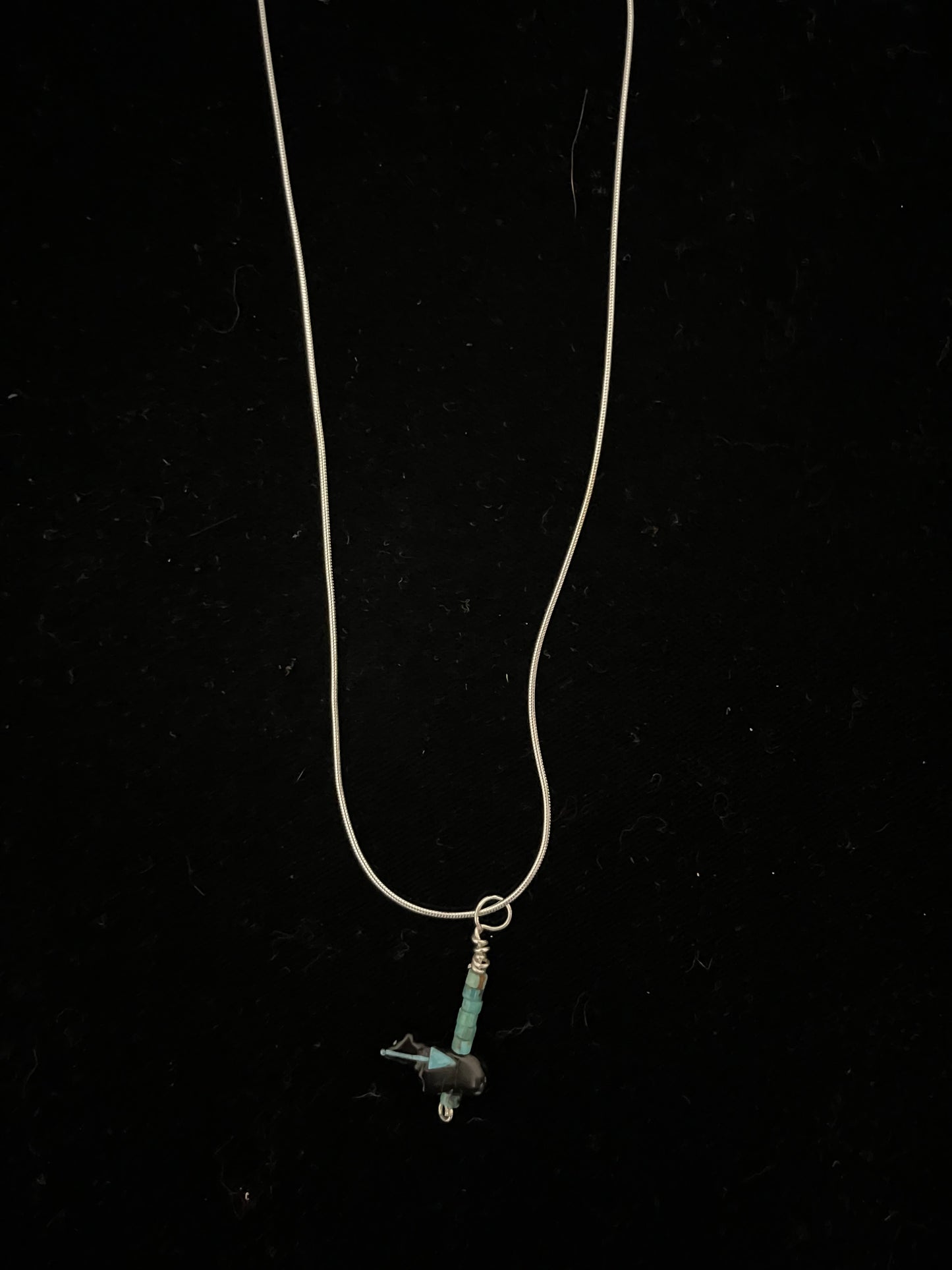 16" Black Onyx and Turquoise Bear Necklace by Pansy Natachu, Zuni