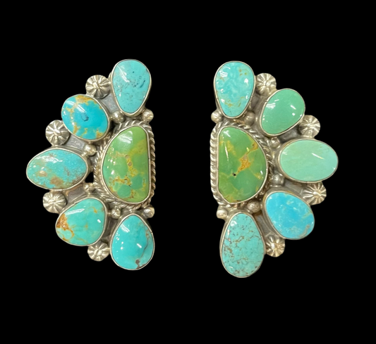 Kingman Turquoise Half Cluster Post Earrings by Elouise Kee, Navajo