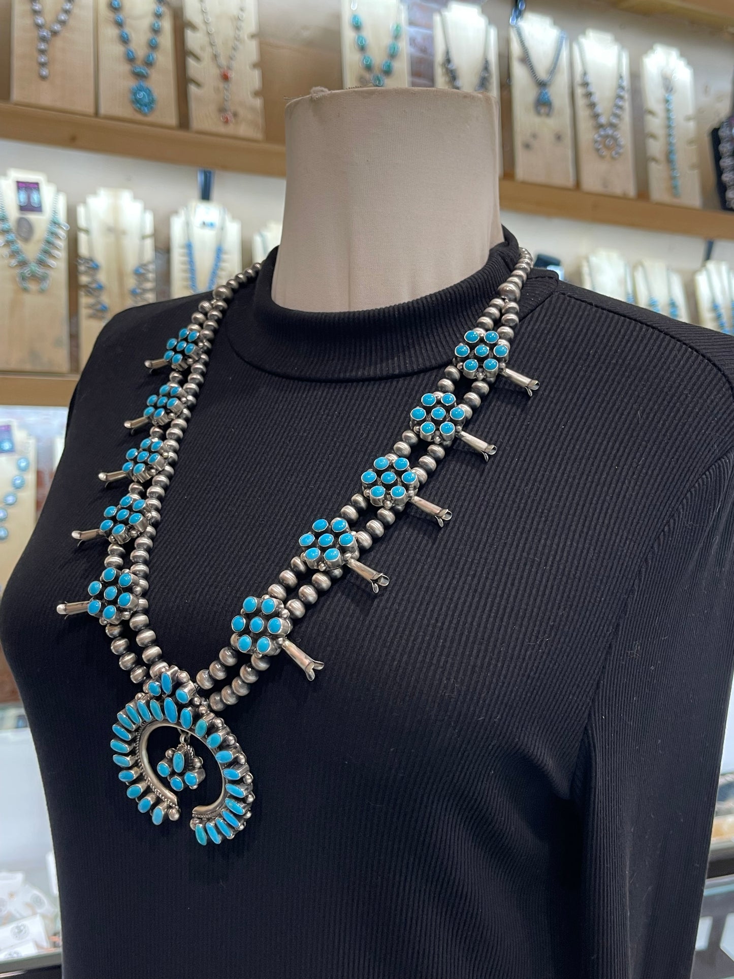 26" Blue Kingman Turquoise Squash Blossom & Earring Set by Kathlyn Yazzie, Navajo