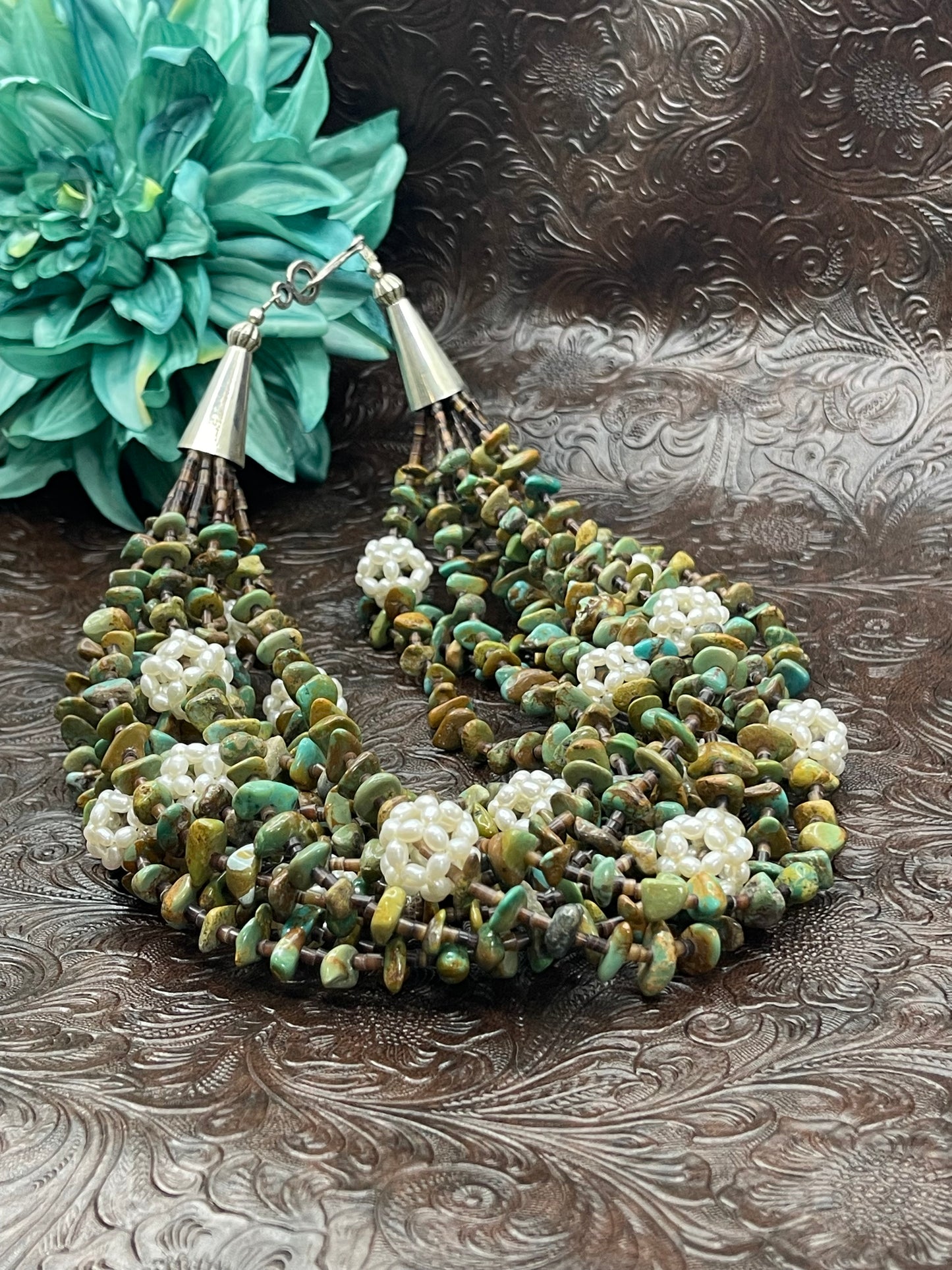 Fresh Water Pearl and Royston Turquoise 12 Strand Necklace