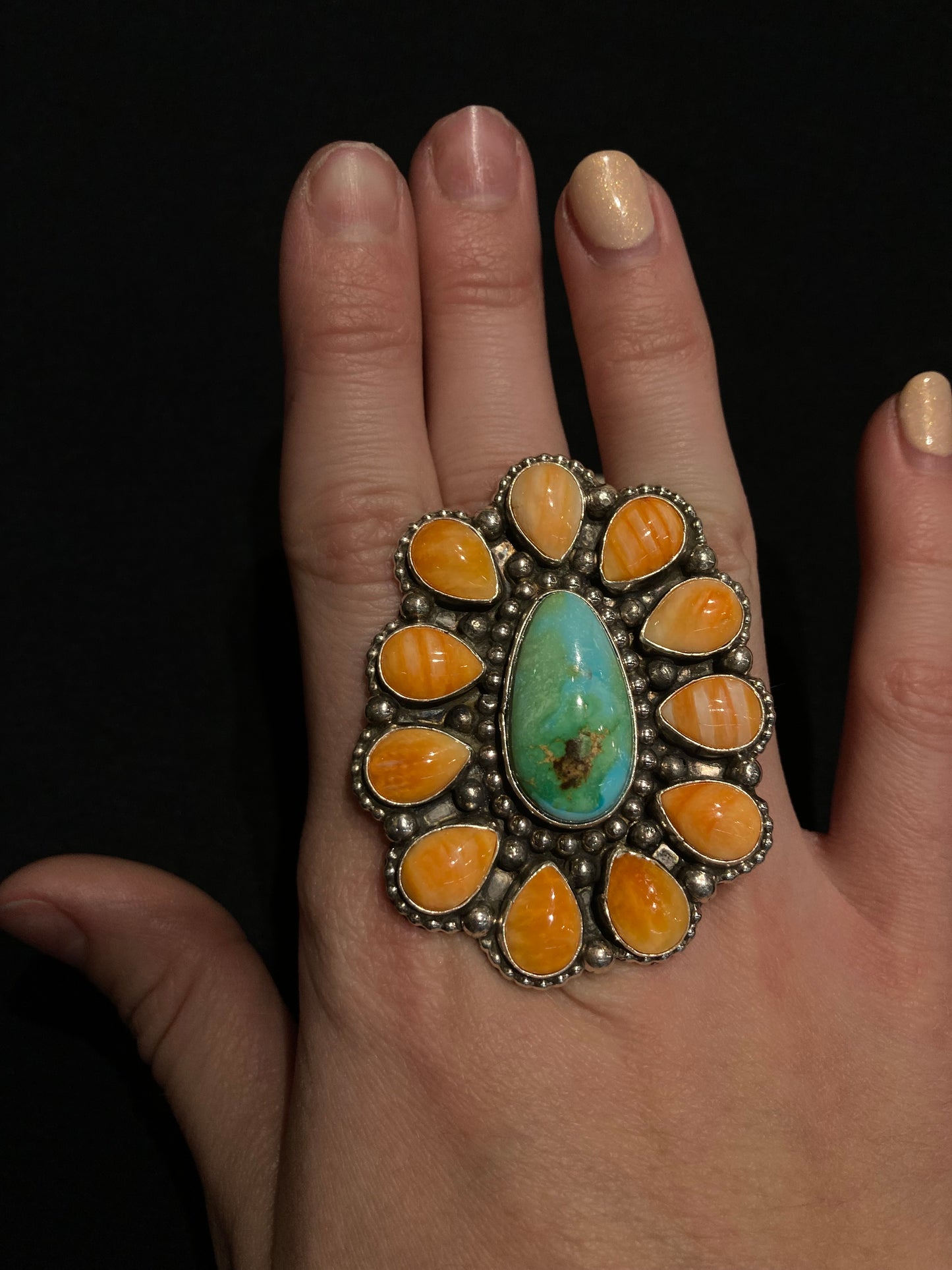 10.0 Sonoran Gold Turquoise and Orange Spiny Oyster Shell Cluster Ring by Sheila Becenti, Navajo