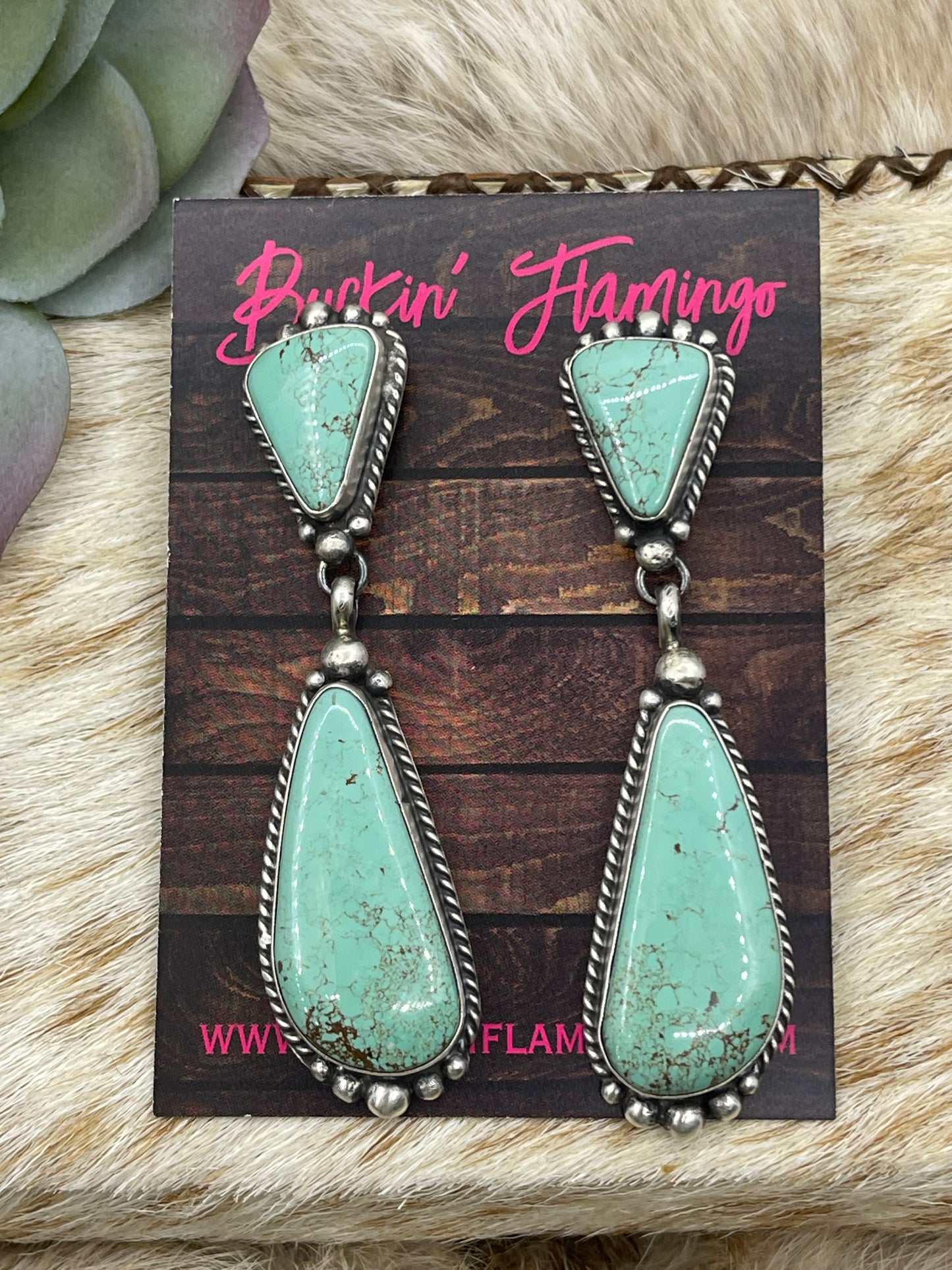 2 Stone Kingman Turquoise Drop Post Dangle Earrings by Elouise Kee, Navajo