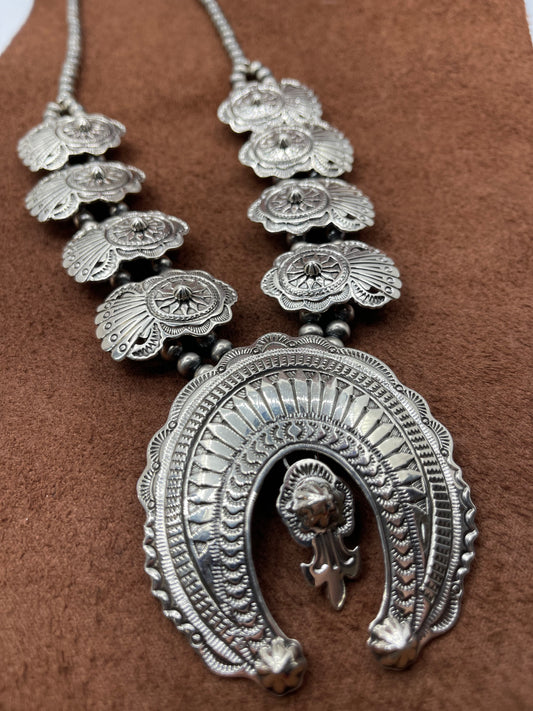 24" 6 mm Navajo Pearl Stamped Silver Concho Style Squash, Navajo maker marked