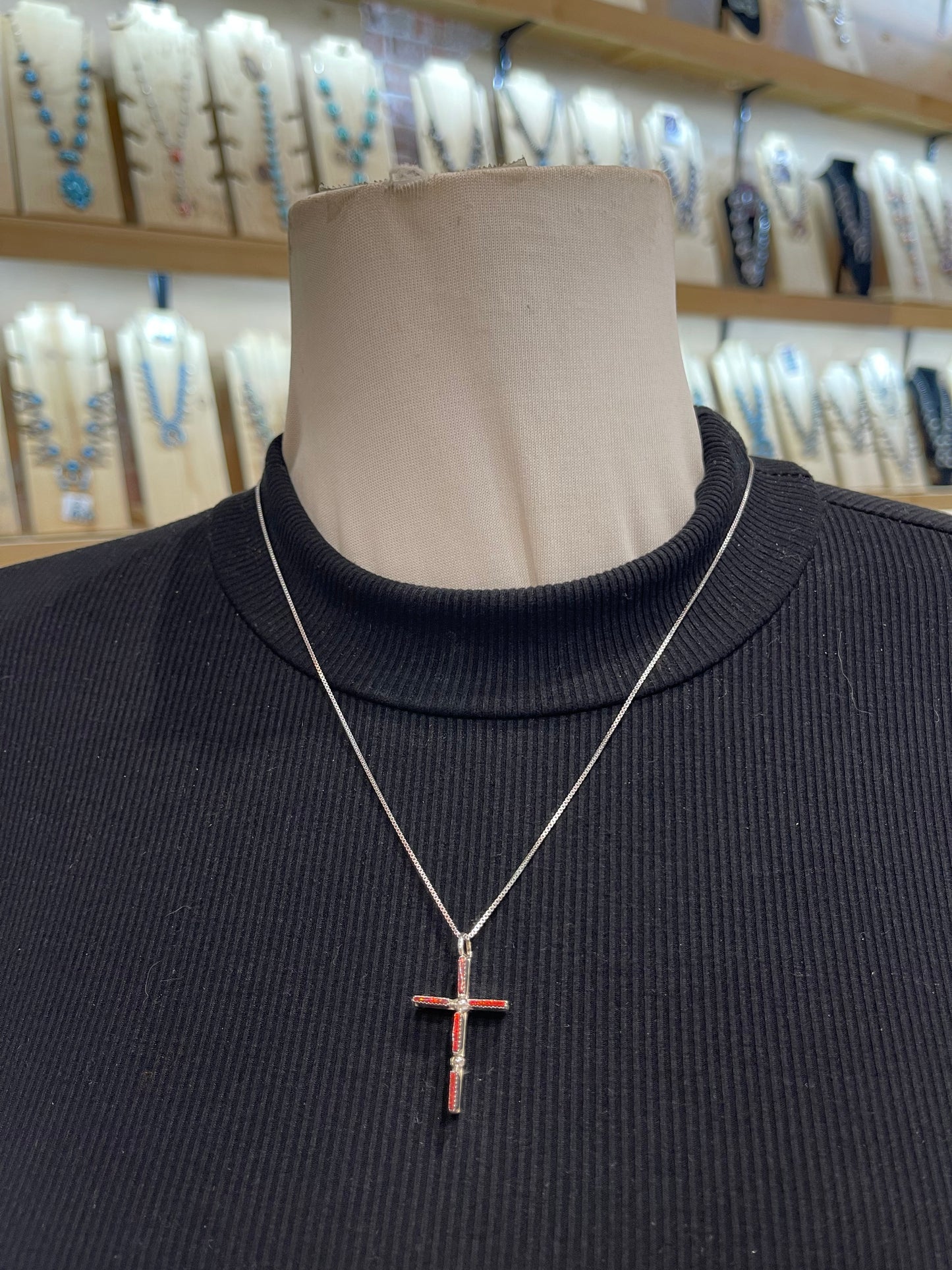 20" Hot Pink & Red Opal Reversible Needlepoint Cross Necklace by Ashley Laate, Zuni