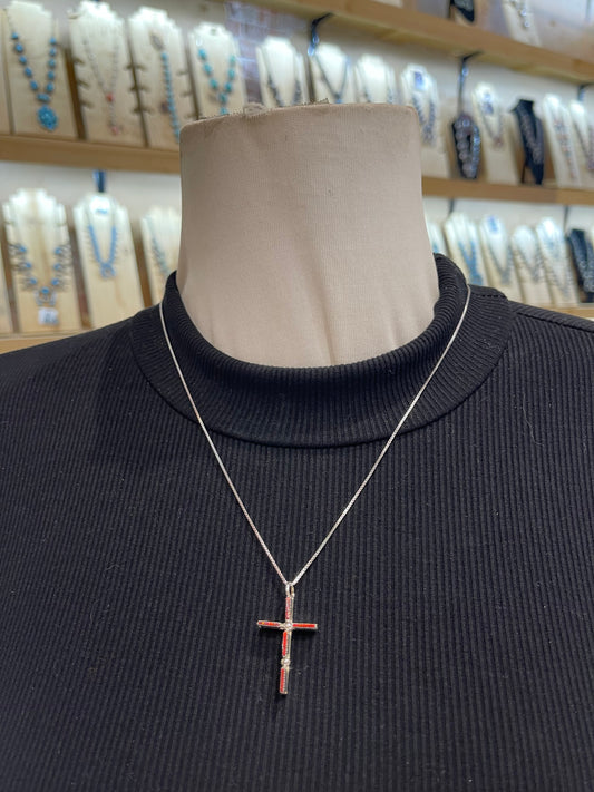 20" Hot Pink & Red Opal Reversible Needlepoint Cross Necklace by Ashley Laate, Zuni