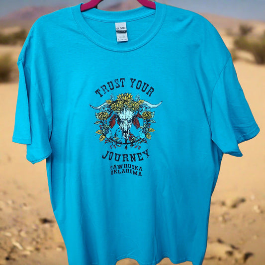 Turquoise Trust Your Journey Skull with Flowers and Feathers Shirt
