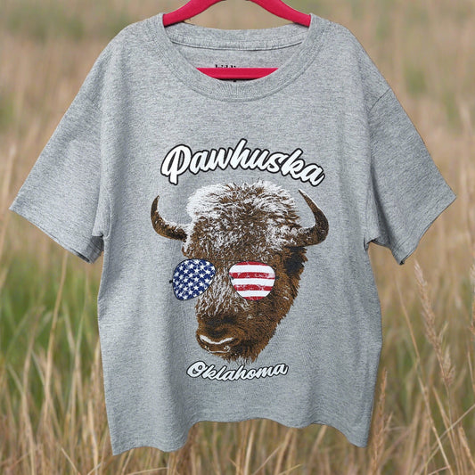 Kids Grey Buffalo with Red, White, and Blue Sunglasses Shirt