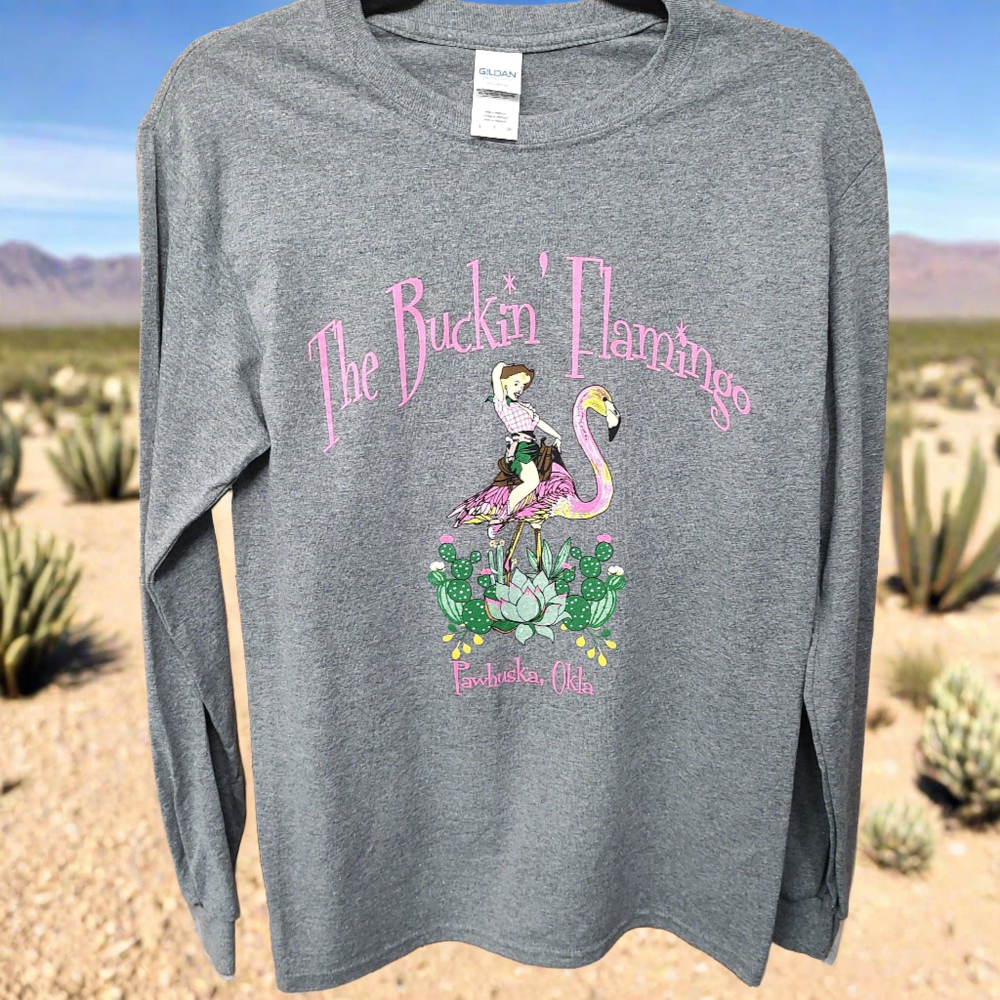 Grey Long Sleeve Buckin' Flamingo Logo Shirt