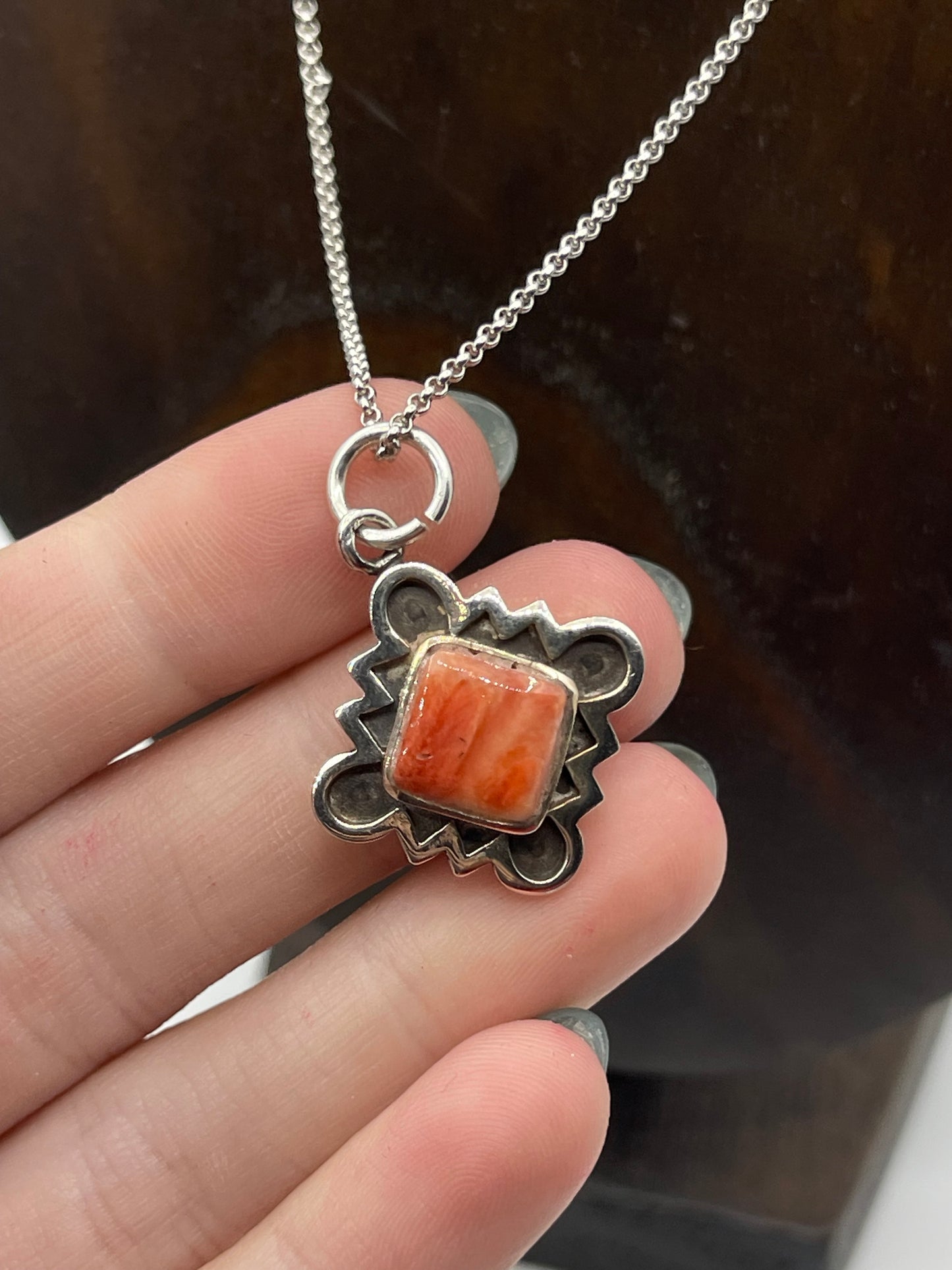 18" Orange Spiny Oyster Shell Pendant Necklace by Greggory Chee, Navajo