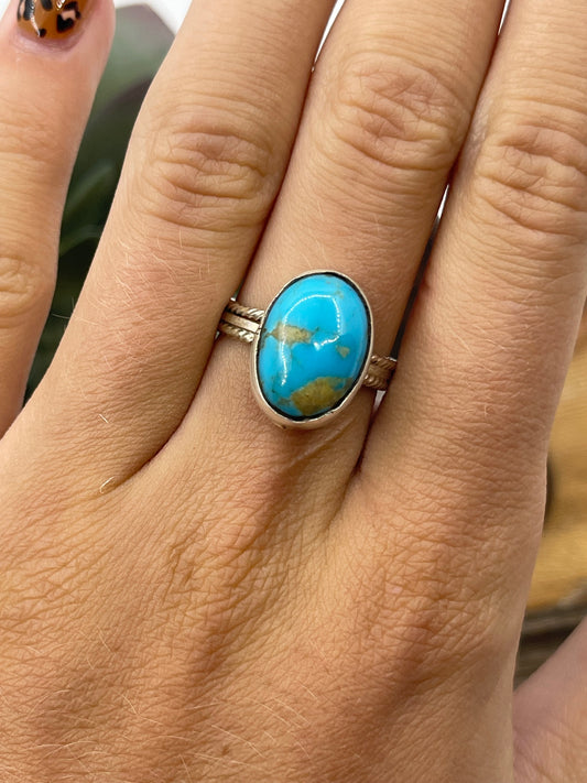 9.0 Turquoise Oval Ring by Running Bear, Navajo
