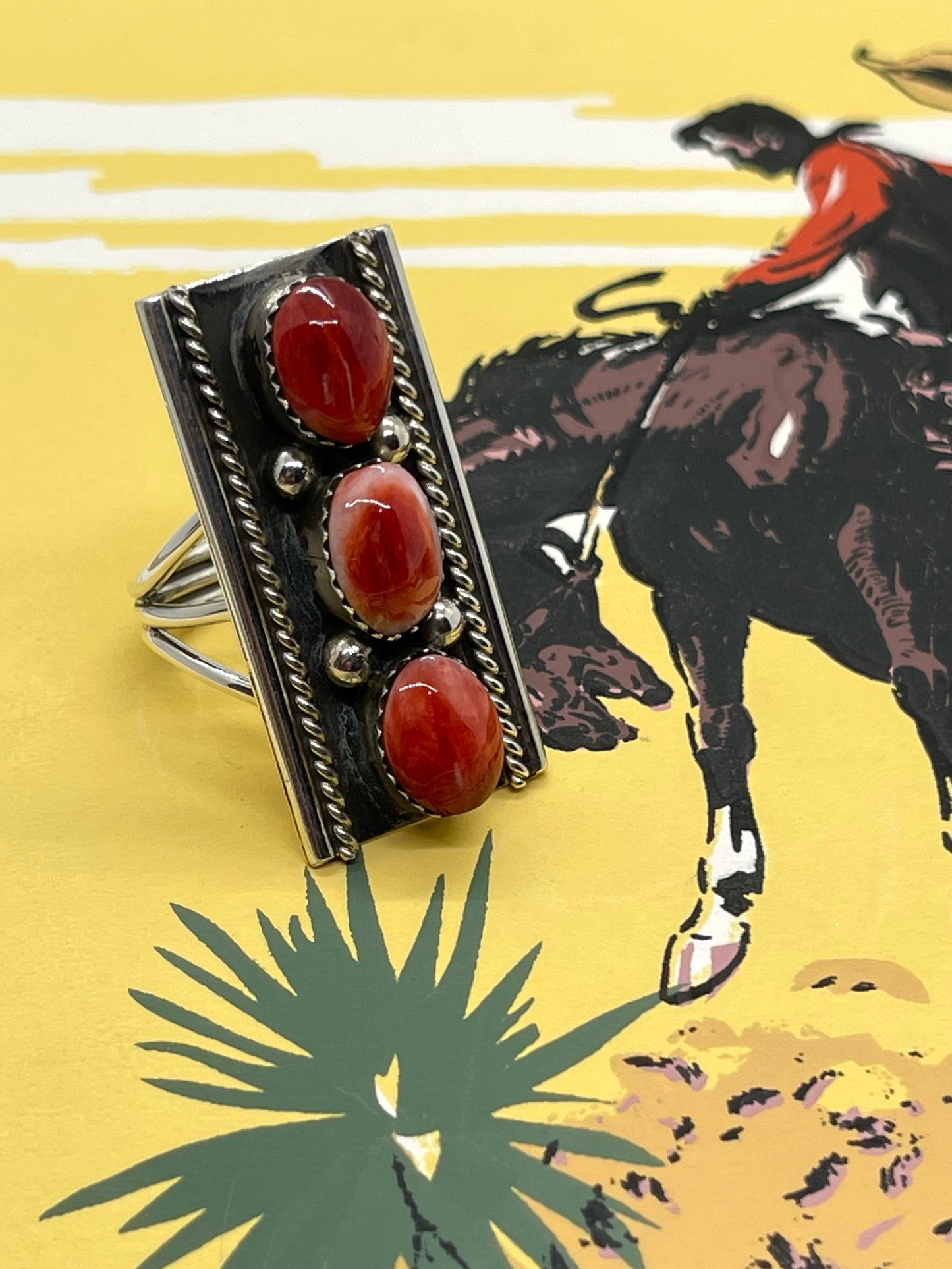 8.0 3 Stone Spiny Oyster Ring by Dorothy Lee, Navajo