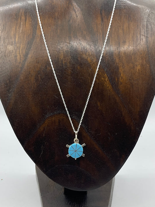 18" Inlaid Turquoise Turtle Necklace by Johnson Laweka, Zuni