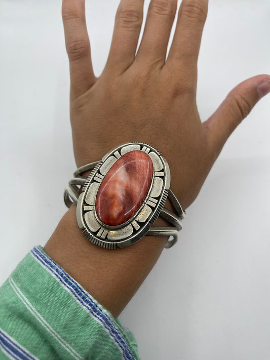 5 1/2"- 7 1/4" Red Spiny Oyster Shell Oval Cuff by Charles Johnson, Navajo