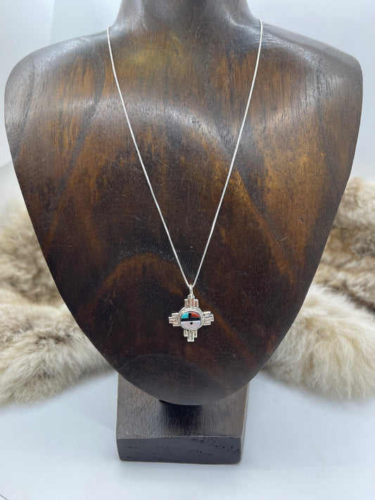 18” Chain and Zia Symbol with Zuni Sunday Pendant by Clifford Cheama, Zuni