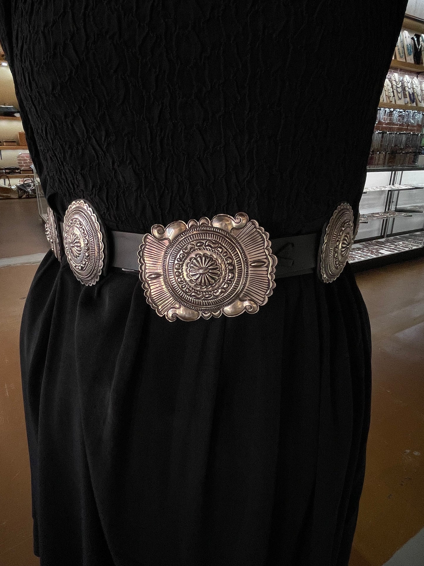 60" Stamped Concho Belt on Black Leather by Eugene Charley, Navajo