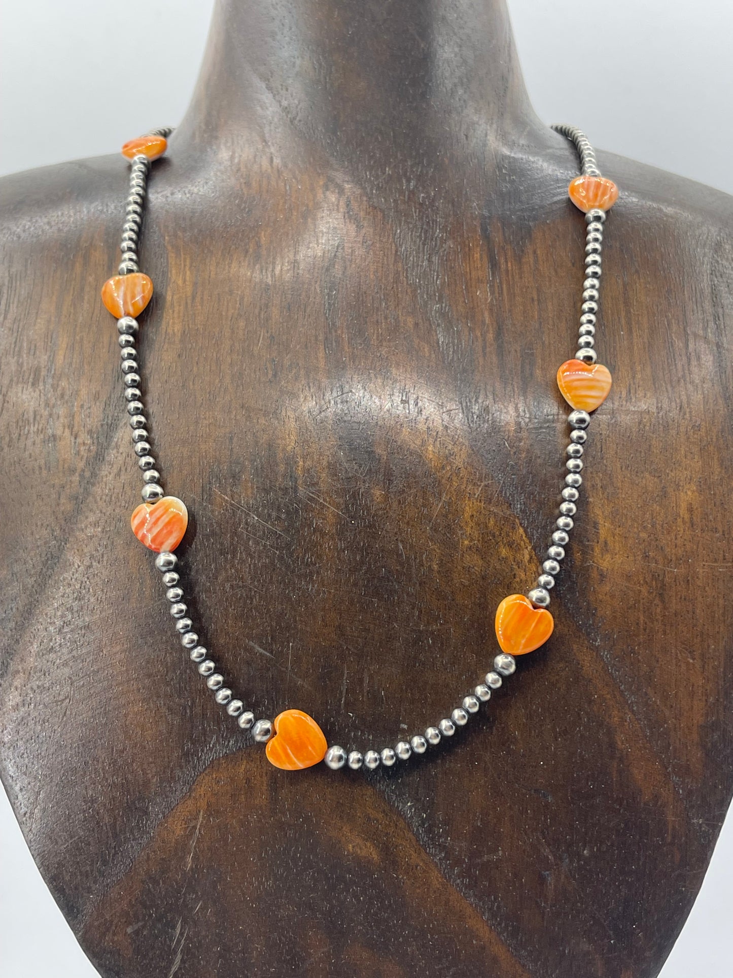 Navajo Pearls and Orange Spiny Hearts Necklace