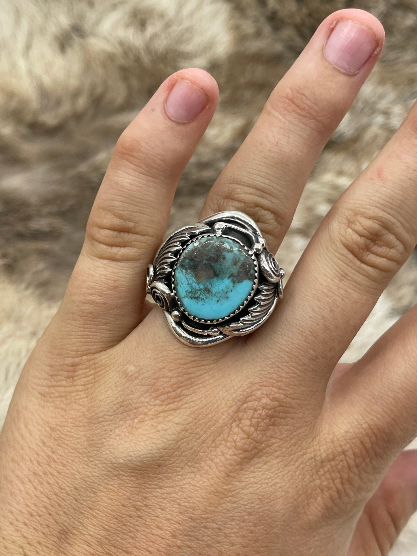10.0 Turquoise Ring with Feather by Darrell Morgan, Navajo
