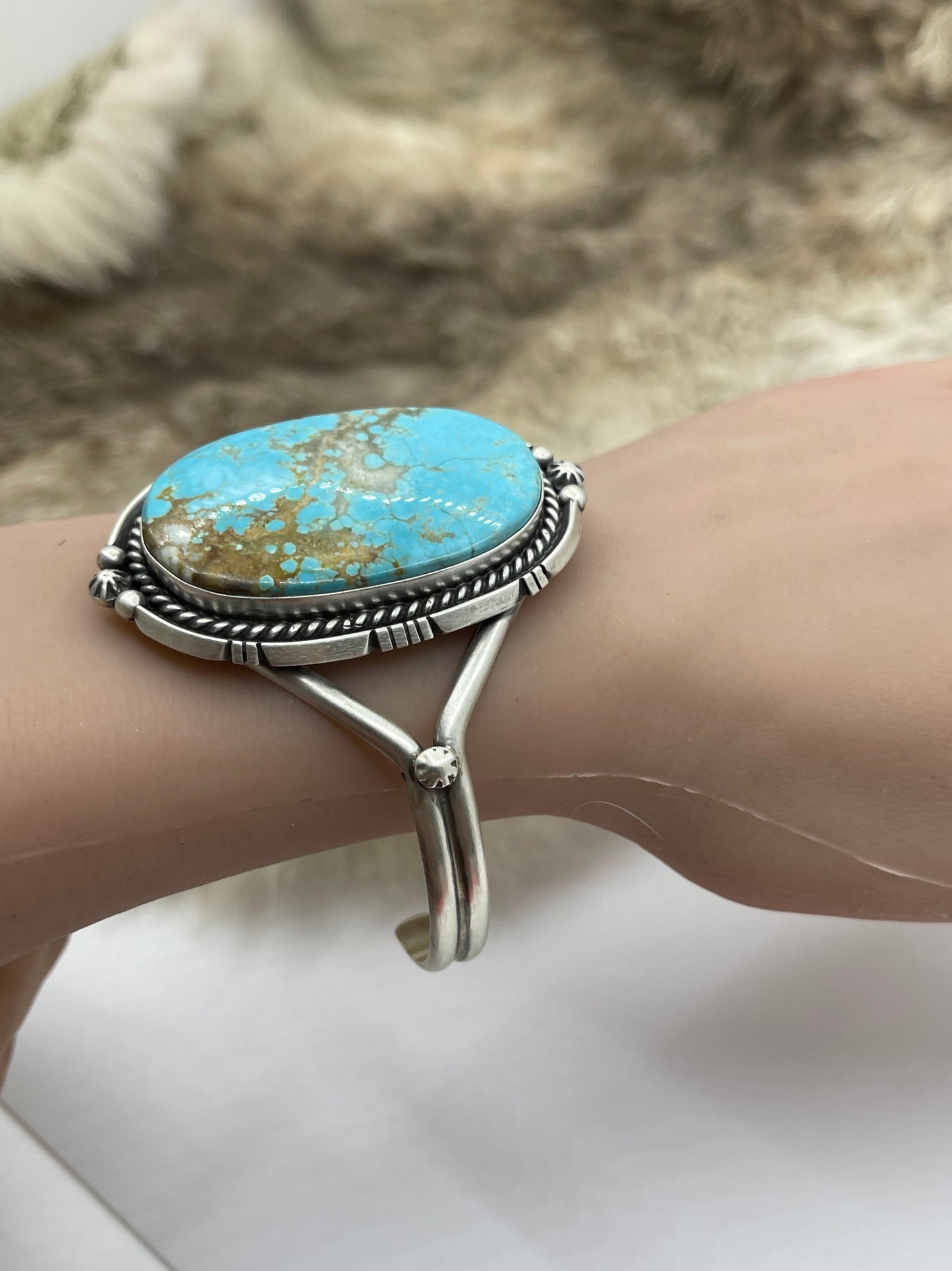 5.5”-7.25” #8 Turquoise Cuff by Eugene Belone, Navajo
