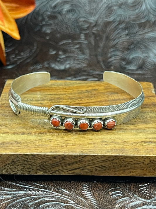 5.5" - 7" Red Coral 5 Stone Feather Cuff
