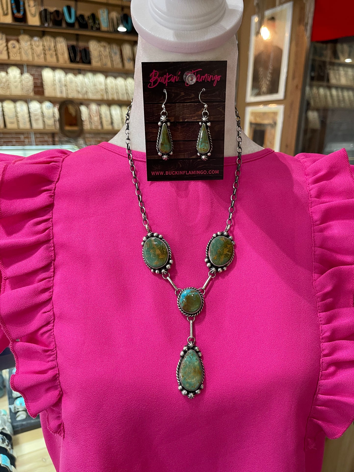 20" Turquoise Lariat Necklace and Dangle Earrings Set by Augustine Largo, Navajo