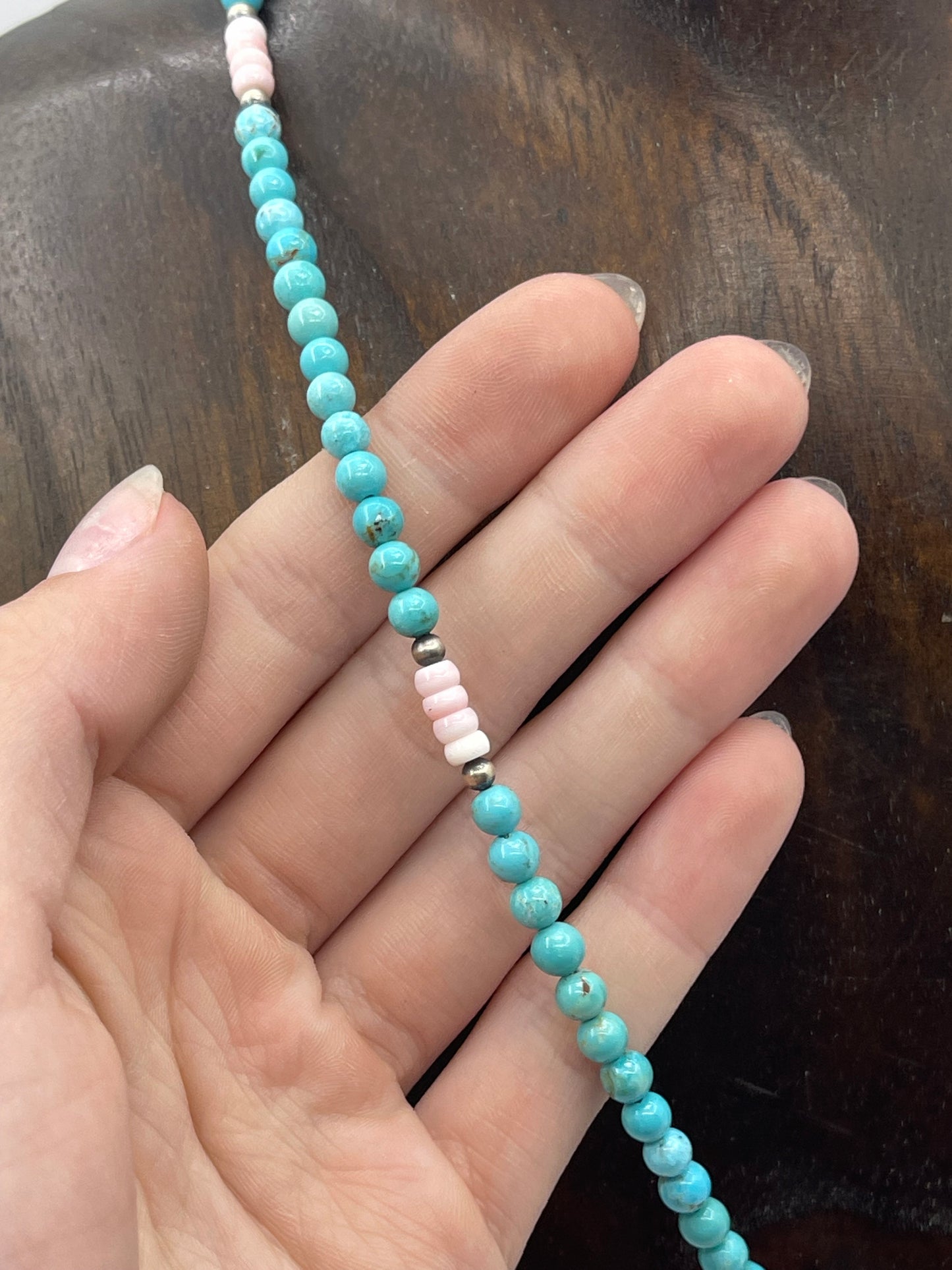 20 1/2" Turquoise, Navajo Pearls, and Pink Conch Shell Necklace by Tammy Nolcott, Navajo